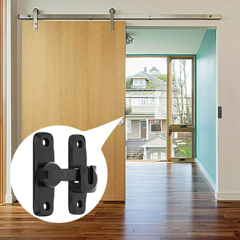Heavy Duty Black Sliding Barn Door Lock Set, 2 Pack With Adjustable 90 To 180 Degree Latch shown installed on a wooden door.