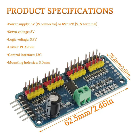 Image of the Sixteen Channel PWM Servo Driver Board With 12 Bit I2C Interface PCA9685 Module, showing product specifications in text.