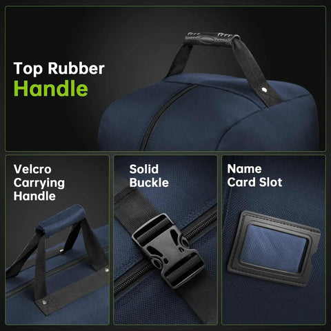 Handles, buckle, and card slot details on Built Tough Padded Golf Travel Bag With Wheels For Airlines Durable 1680D Wear Resistant Oxford