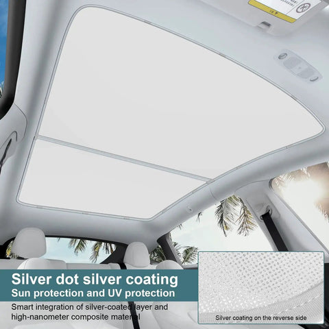 Interior view of Tesla Model Y with installed Non Sag Sunroof Shade For Tesla Model Y 2021-2025 Cooling And Heat Insulation.
