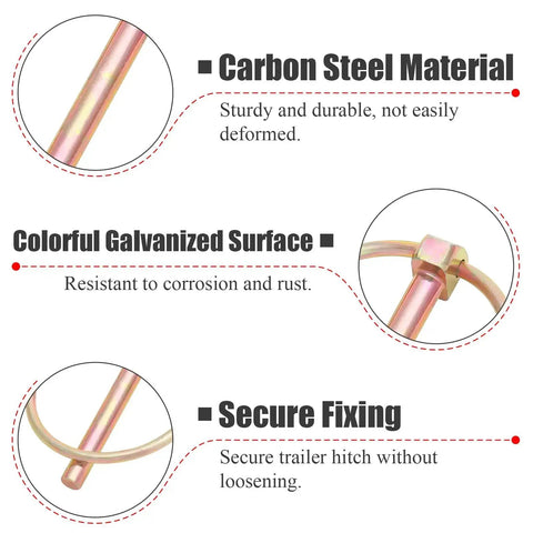 12 Pc One Quarter Inch Locking Hitch Pins With Ring Kit showing carbon steel material and galvanized surface for secure fixing.