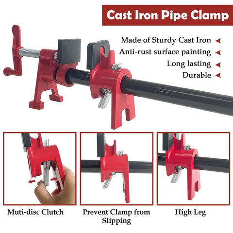 Two Pack Three Quarter Inch Pipe Clamps For Woodworking Heavy Duty Cast Iron Bar Clamps With H Shaped Feet in close-up view