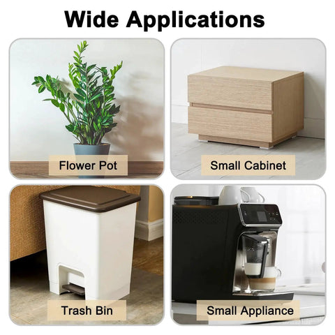Applications of Self Adhesive Caster Wheels Set on flower pot, small cabinet, trash bin, and small appliance.
