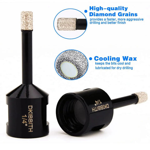Quarter Inch Dry Diamond Core Drill Bits Set 2-Piece 6mm Diameter 5/8-11 Thread for Angle Grinders with diamond grains and cooling wax.