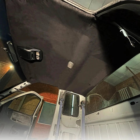 Installed view of Black Suede Headliner Fabric With Foam Backing for Car Truck SUV Roof Interiors in vehicle