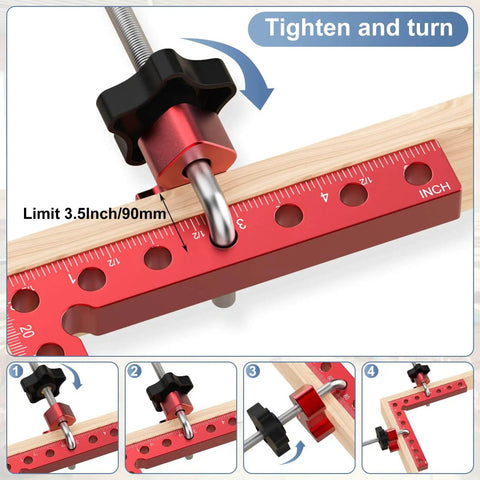 Close-up of a right angle corner clamp set for woodworking, 5.5-inch red aluminum square used for precise alignment.