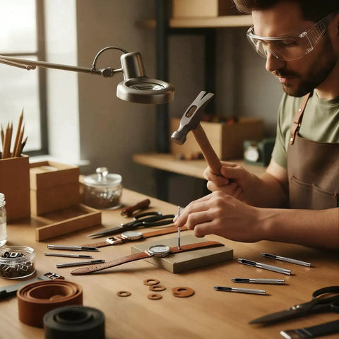 Man using 7 Piece Hollow Leather Hole Punch Set With Anti Slip Grip for watch band crafting on wood desk