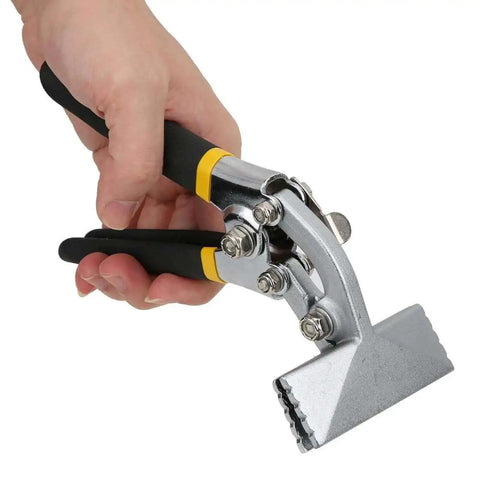 Hand holding Sheet Metal Seamer Pliers With Non Slip Grip, Built Tough With 45 Steel Hand Clamp for bending and flattening metal.