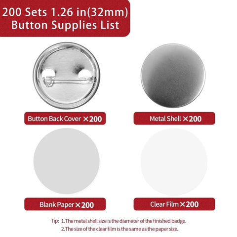 Onemorello 32mm button maker supplies kit: metal shells, button back covers, blank paper, and clear film (200 each)