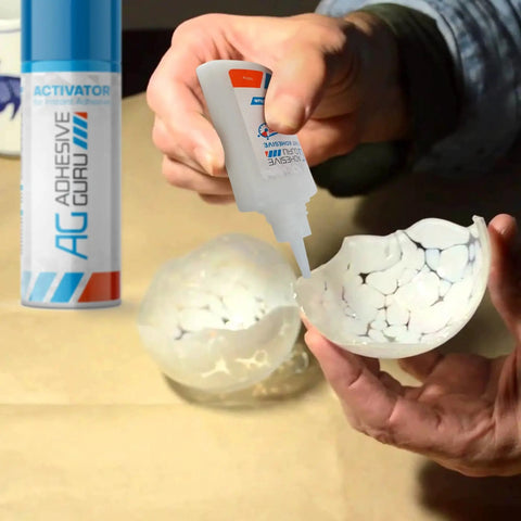 Fast Acting Cyanoacrylate Glue With Activator For Woodworking Woodturning Plastic Metal Leather Ceramic And DIY Craft Projects Delivers Instant Bond And Super Tight Grab Adhesive Guru 1 Pack shown in use on a ceramic object