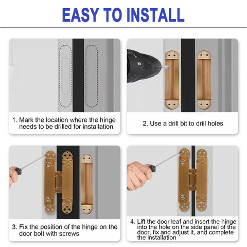 Installation steps for Hidden Door Hinges 6 Inch Heavy Duty Concealed Invisible 3 Way Adjustable 180 Degree Gold Two Pack