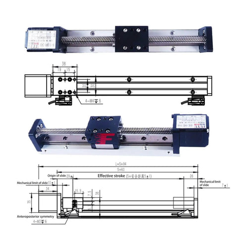 Mini Linear Guide Rail Stage With Nema 14 Stepper Motor, 50 To 300mm Stroke, 0.02mm Repeatability, technical diagram view