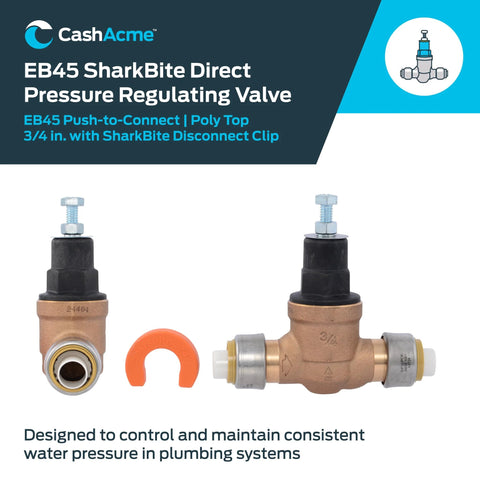 Cash Acme EB45 pressure regulating valve set of two; copper body, black poly top, 3/4 in push-to-connect, orange disconnect clip