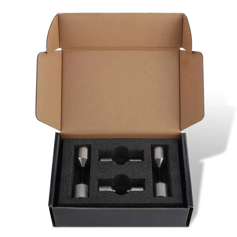 4 Piece Stainless Steel Flange Two Hole Alignment Pins Set In 1-1/8 Inch And 1-5/8 Inch Diameters in foam packaging, open box view.