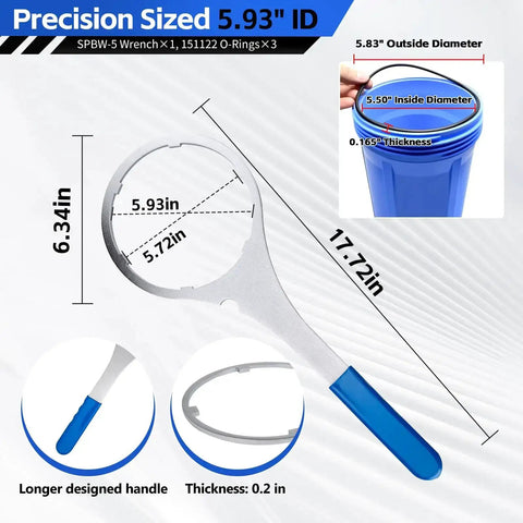 Diagram showing the Heavy Duty Metal Water Filter Wrench And 3 Pack 151122 Buna-N O-Rings Go-To Replacement Kit dimensions.