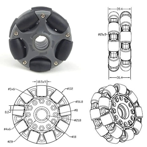 Diagram and close-up of a 58mm nylon omnidirectional wheel from Professional 3WD Smart Robot Car Chassis Kit with design specs shown.