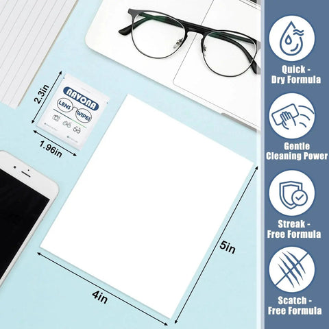 Pre Moistened Eyeglass Lens Wipes Scratch Free Streak Free Cleaning For Glasses packet next to glasses and phone