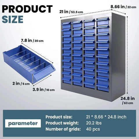 40 Drawer Parts Storage Cabinet For Garage And Workshop, Beefy Alloy Steel Frame With ABS Drawers, dimensions shown.