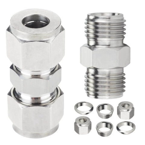 304 Stainless Steel Compression Tube Fitting Union for Three Eighths Inch Outside Diameter Tubing set of two with washers and nuts