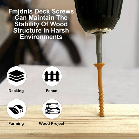 Tan Epoxy Coated Deck Screws Two And A Half Inch For Timber And Fencing Size Ten Wood Screws 100 Pack Built For Outdoors Tough As Nails Rust Resistant With Torx Drive T25 Bit Anti Corrosion Coating Enduring Salt Spray For Decking Projects, installed in wood with a drill