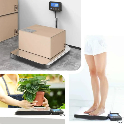 Heavy Duty 440Lb Shipping Scale For Packages And Postage, Large Postal Scale With Stainless Steel Surface, 4 Load Cells, Accurate Digital Shipping Scale For Small Biz, Laundry, Warehouse, And Mailing in use with boxes, plants, and person weighing
