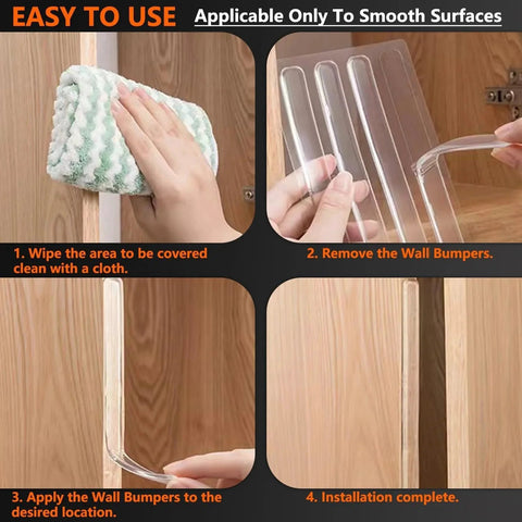 Clear Silicone Wall Bumpers 28 Pieces installation on wooden cabinet door in four steps including cleaning and applying