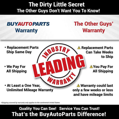 Comparison between BuyAutoParts warranty and other companies highlighting quick shipping, free shipping, and one-year warranty advantages.