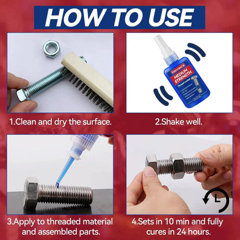 Instructions on using Blue And Red Thread Locker Set With Medium Blue And High Red Strength Removable And Permanent Thread Locker for nuts, bolts, fasteners.