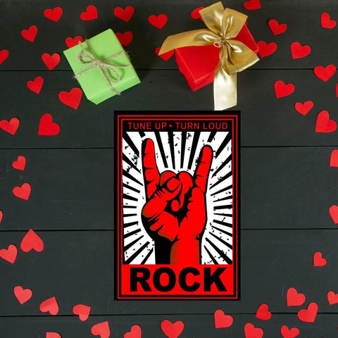 Music Tin Sign For Rock Fans Xanovir Metal Guitar Wall Decor 8x12 Inches With Pre Drilled Holes For Easy Hanging Perfect For Home Office Bars Cafes Pubs And Restaurants featuring a red hand symbol with 'Rock' text, surrounded by gifts and hearts on a dark background.
