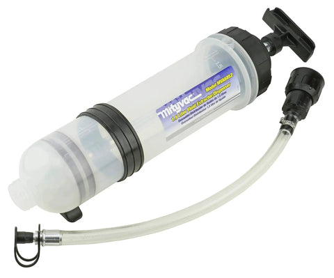 1.5 Liter Fluid Evacuator And Dispensing Syringe With Twist Valve ATF Adapter shown with clear body and attached tube