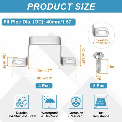 4 Pack 40x40mm Square Pipe Clamp Set 304 Stainless Steel U Shaped Connector Bracket with size details and self tapping screws.