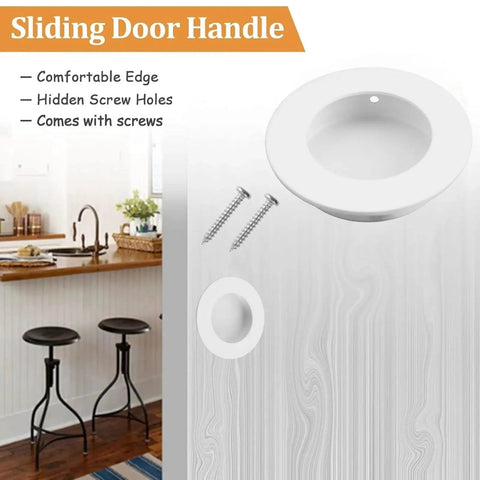 4 Pack White Round Recessed Cabinet Handles 65mm Stainless Steel Sliding Door Pulls with screws shown in kitchen setting