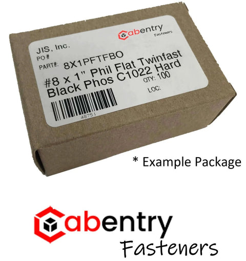 Example package of #8 x 1" Phillips flat twinfast screws, black phosphate finish, C1022 hard, shown in brown cardboard box.