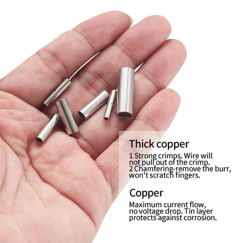 120 Pcs Non Insulated Butt Connectors For 22 To 16 Gauge Wire held in hand, showcasing seamless crimp ferrule terminals, copper tin plated