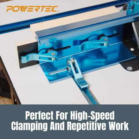Two Pack 1/4-20 Cam Lever Clamps with 3 Inch T-Track Bolts installed on woodworking jig for drill press or router table