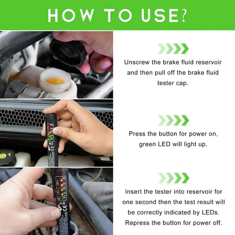 How to use Brake Fluid Tester Pen DOT 3 DOT 4 DOT 5.1 Diagnostic Tool with 5 LED Indicators for vehicle safety check.