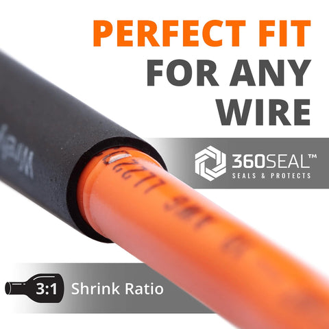Wirefy heat shrink tubing kit, black tubing over orange wire, 3:1 shrink ratio, 360SEAL branding.