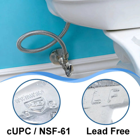 Angle Stop Valve One Half Inch Nominal Compression Inlet To Three Eighths Inch Compression Outlet Quick Install Quarter Turn Water Shut Off Valve For Toilet And Faucet Plumbing Lead Free Brass One Pack installed on a toilet water line with close-ups of cUPC and NSF-61 markings, lead free engraving visible.