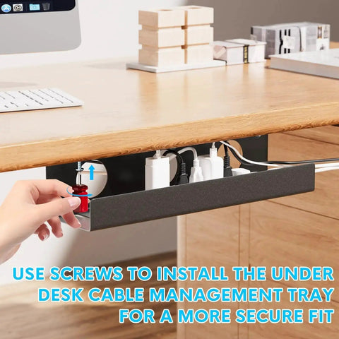 Installation of Self Adhesive Under Desk Cable Management Tray 2 Pack Steel Wire Organizer for Power Strips and Cables