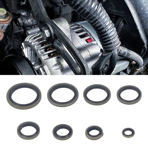Heavy Duty 110 Piece Metal Bonded Oil Seal Washers Kit with High Temp Rubber O Rings shown with industrial engine setup.