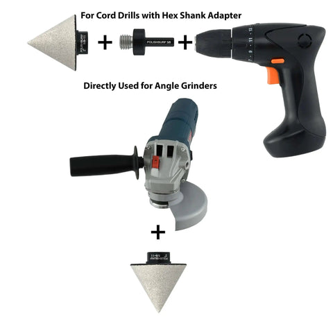 Diamond Beveling Chamfer Bit Two Inch For Ceramic Tile Porcelain And Granite Pro Grade Diamond Tile Hole Saw Enlarger With Core Drill Bit 60 Degree Chamfer Fits Five Eighths Inch Eleven Thread Angle Grinders Or Wet Polishers Plus Hex Shank Adapter shown with drill and grinder.