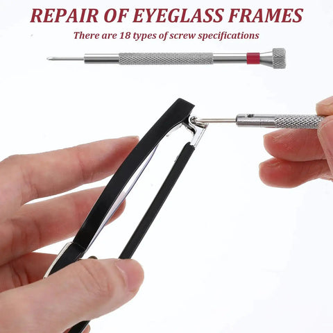 Repairing eyeglasses with 500Pcs Eyeglass Repair Kit With Tiny Micro Screws And Phillips Screwdriver, showing frame and tool usage