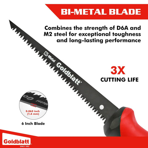 Close-up of a six inch drywall saw with bi-metal blade and soft grip handle for fast cutting of wallboard and sheetrock keyhole jab saw with eight TPI teeth.