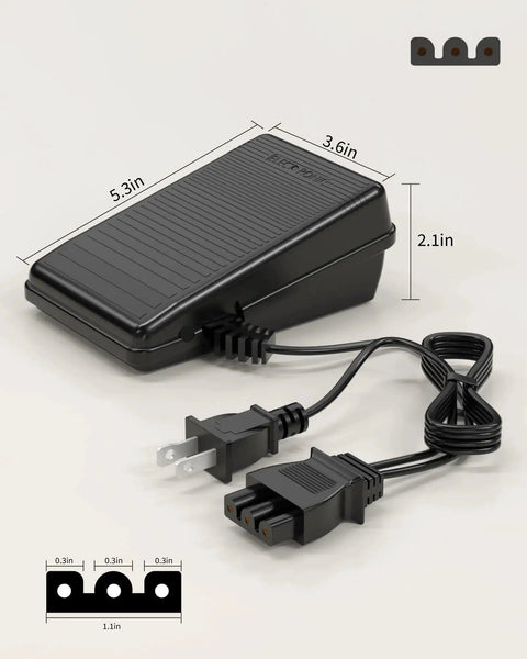Angled front view of black foot pedal power cord replacement for Singer sewing machines with D-shaped plug