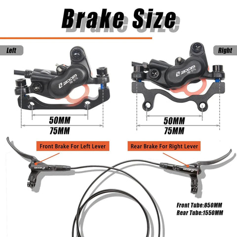 BUCKLOS Zoom MTB hydraulic disc brake set; pair of left-front and right-rear levers with 850mm/1550mm cables.