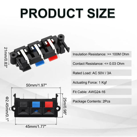 Three Way Spring Terminal Clip Push Release Connector Plate Jack Socket For Speakers Color Coded Red Blue Black 50mm By 25mm By 21mm Mounting Hole 45mm Copper And Plastic Build Speaker Terminal Strip Block Jointing Clip Test WP3 19 Two Pack