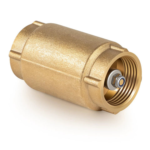 Brass 1-inch FNPT x 1-inch FNPT check valve with backflow preventer, front view showing threaded ends