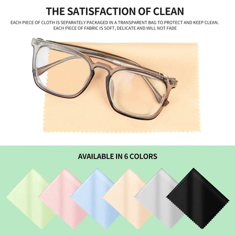 18 Pack Multicolor Microfiber Cleaning Cloths 7x6 For Eyeglasses Lenses Phones, glasses on beige cloth, six color options