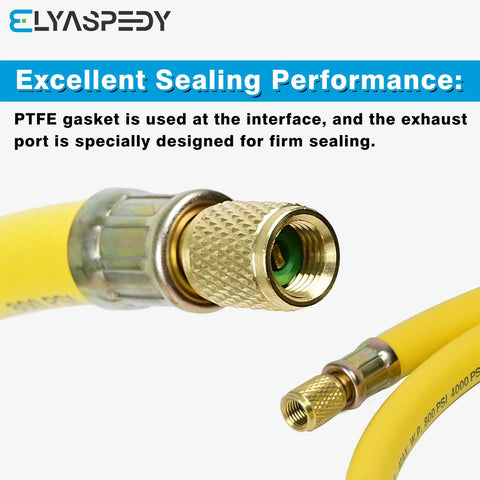 Yellow 6-ft 3/8 in refrigerant hose with brass 1/4 in flare fittings and green seal