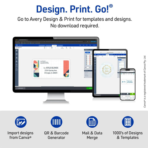 Design and Print software by Avery displayed on desktop, tablet, and smartphone with templates for labels and mail merge features.